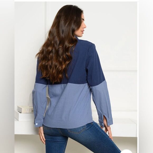 Women’s long sleeve front pocket button up colorblock top in denim - Picture 3 of 7